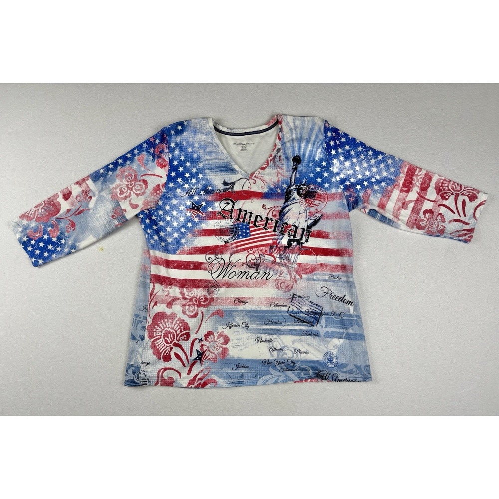 Y2K All American Woman USA Flag Statue Liberty Long Sleeve Top Patriotic Tee‎ L